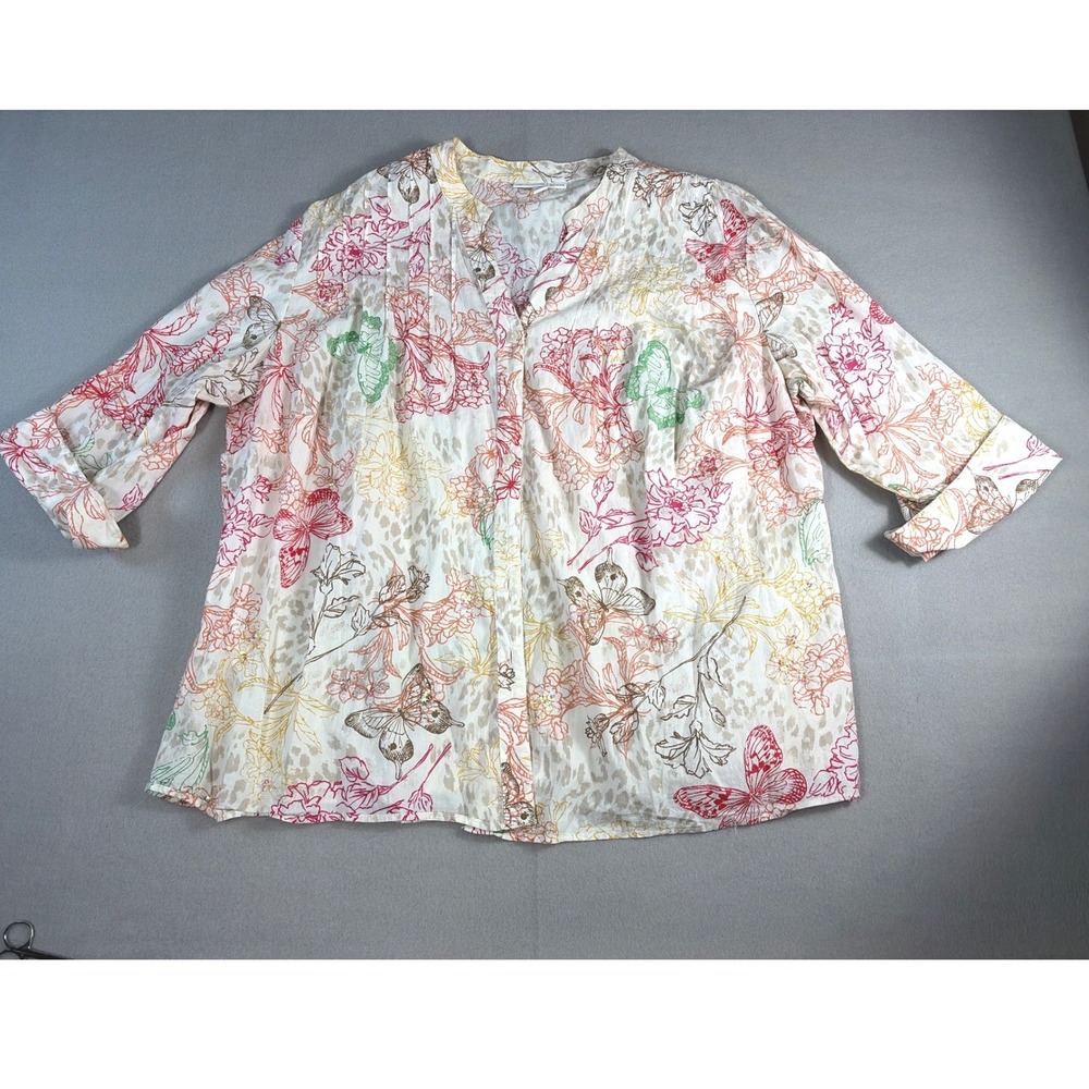 JM Collection Woman 18W Cotton Butterfly Floral Sequin Top 3/4 Sleeve Blouse